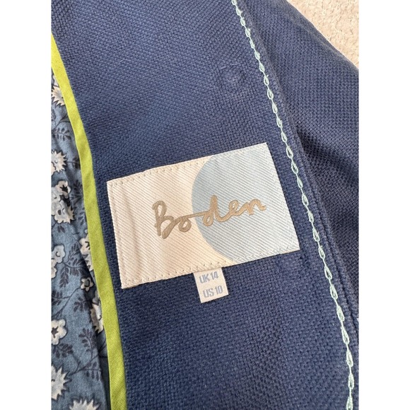 Boden Jacket Womens 10 Navy Blue Linen Cotton Floral Lined Button Front Pockets - Picture 6 of 11